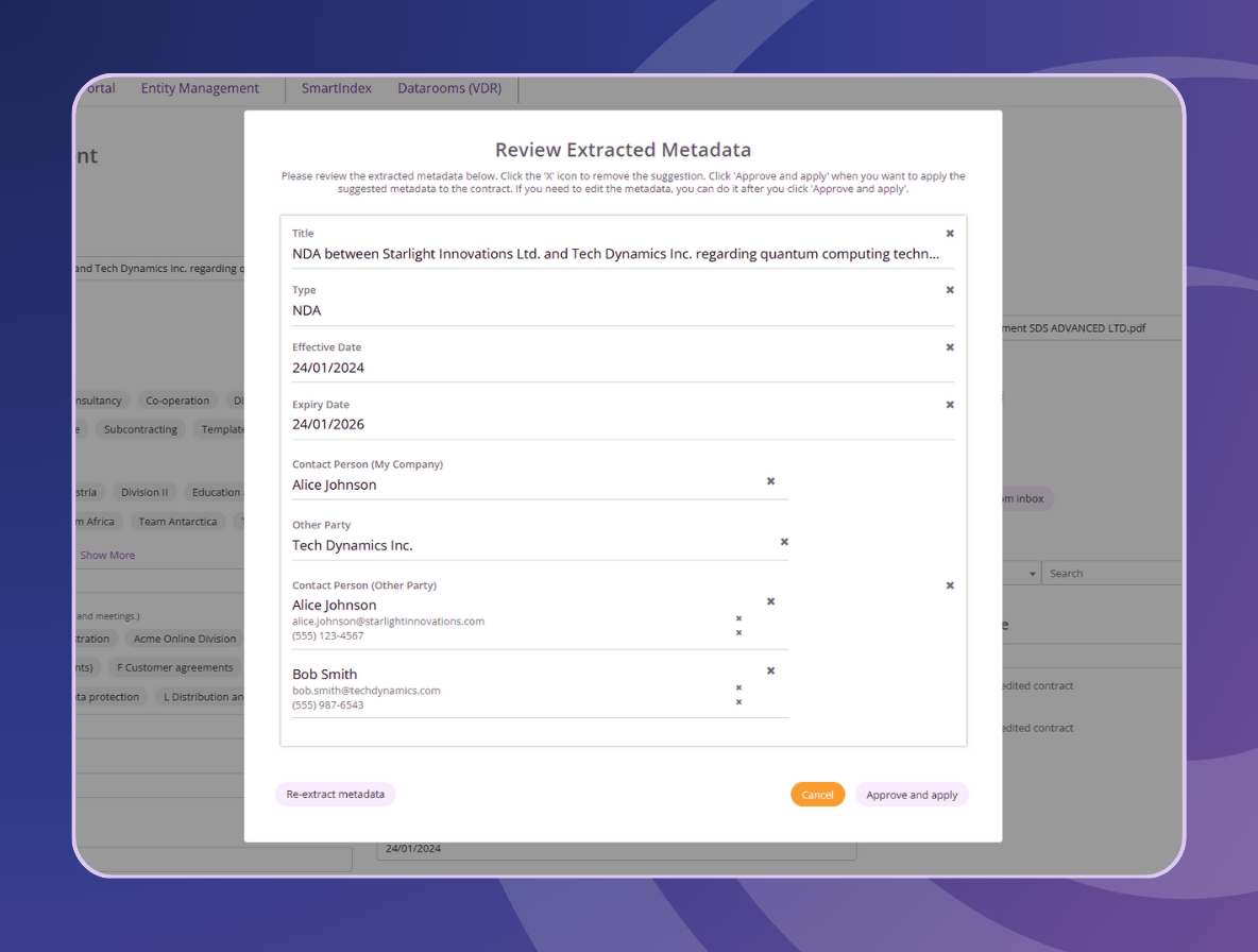 Contract Management extracted metadata