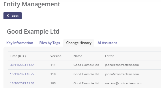 Entities Change History