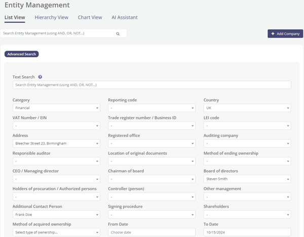 Entity search filters