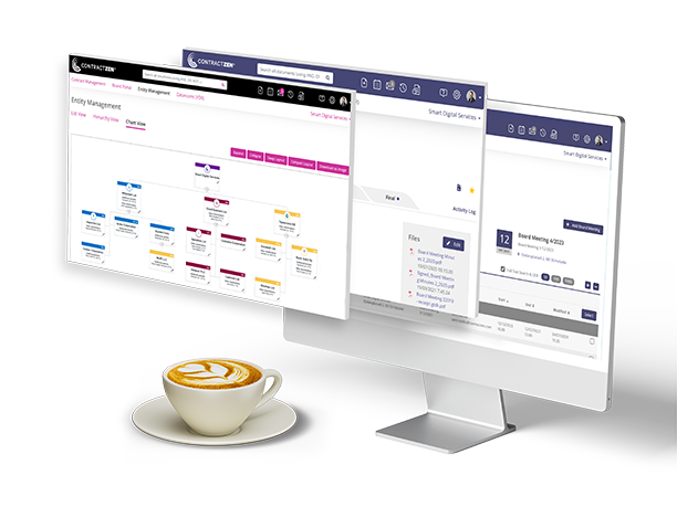 banner-image with multiple software solution screens and a cup of coffee